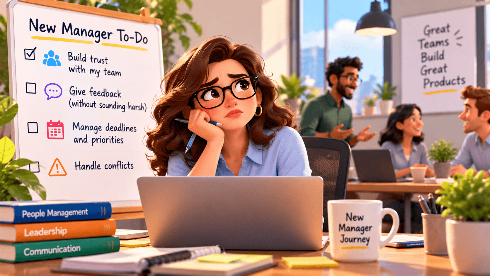 First-time manager reviewing a task list while their team works nearby