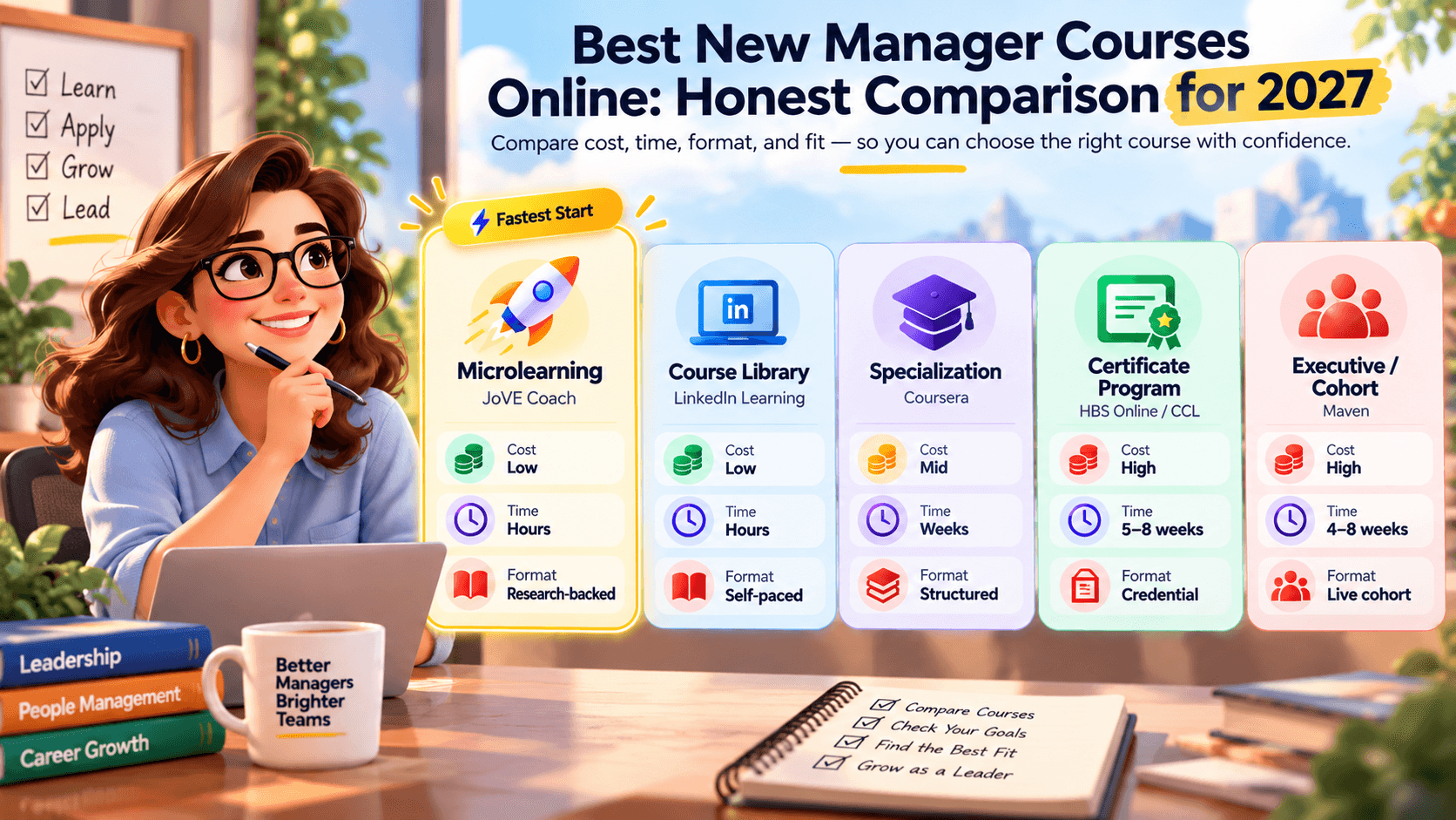 Visual comparison of top new manager courses online by cost and time commitment