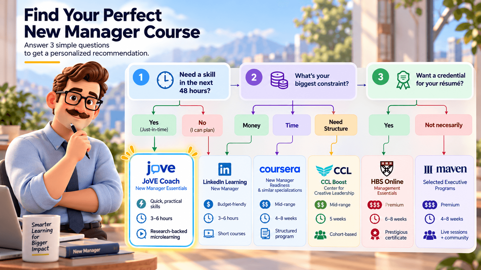 Decision flowchart for selecting the right new manager course online
